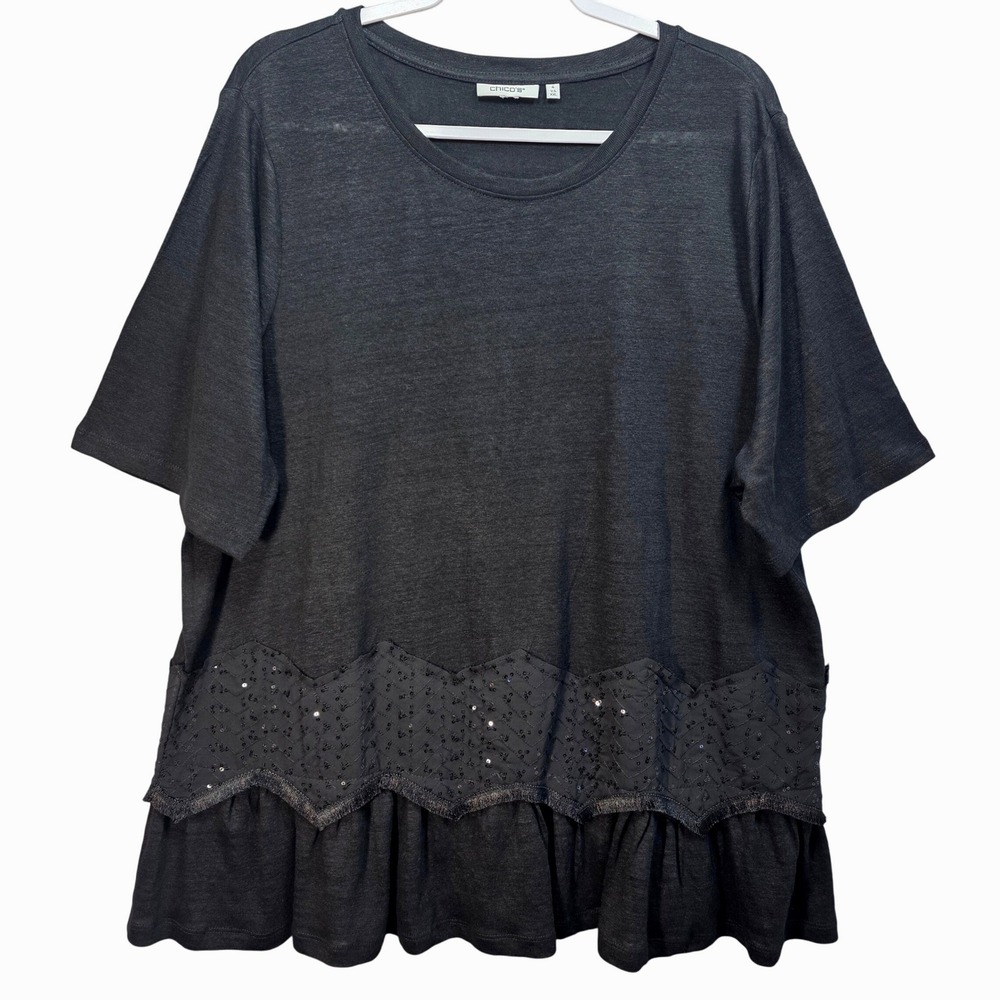 Chicos All Linen Tiered Ruffle Top Womens 4 2XL Sequin Fringe Whimsigoth Witchy